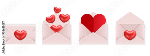 A collection of vector illustrations featuring envelopes with 3D cartoon-style hearts. The envelopes are open and closed, with hearts popping out or floating around. Perfect for Valentines Day