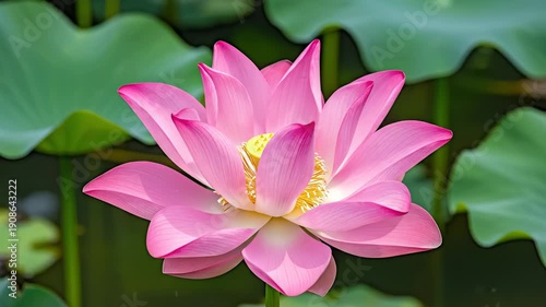 Vibrant Pink Lotus Flower Blooms in Serene Pond Amidst Lush Green Lily Pads with Soft Natural Sunlight Illuminating Delicate Petals and Yellow Stamens in a Peaceful Garden Setting