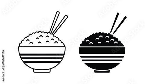 Black and white illustration of two bowls of rice with chopsticks on pure