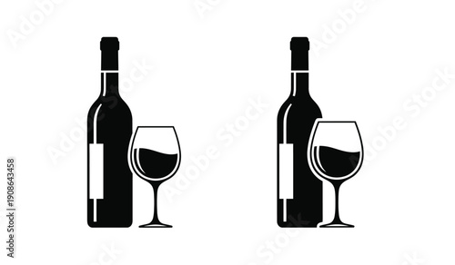 Black silhouette of wine bottles and glasses on a pure