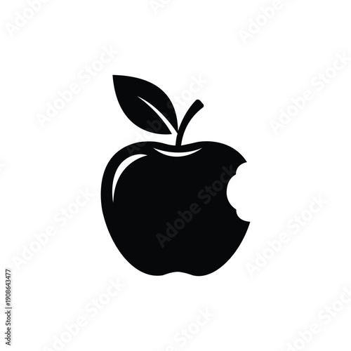 Iconic black bitten apple silhouette with a leaf on a white background, representing food, technology, or a healthy lifestyle.