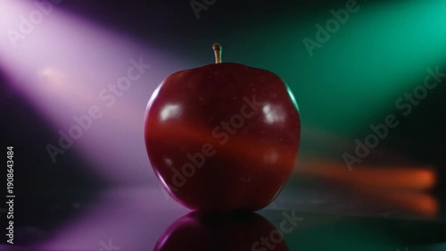 A vibrant red apple stands alone, illuminated by dramatic blue and red spotlights, with a reflective surface.