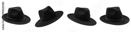 Foto Set and collection of classic black felt fedora hats for men and women featuring
