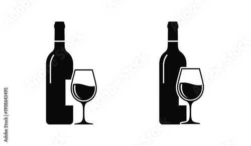 Black silhouette of wine bottles and glasses on a pure