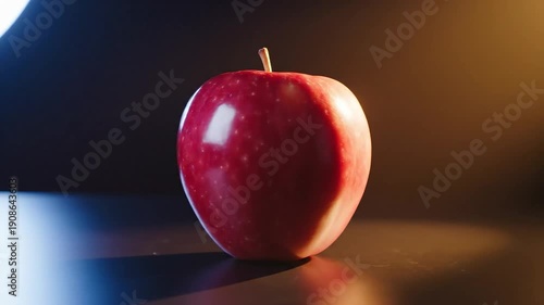 A single, vibrant red apple on a dark reflective surface, dramatically lit.