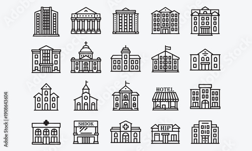 Building icon Containing structure, landmark, condo, government, school, church, hotel, shop, hospital, public buildings and more