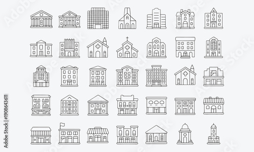 Building icon Containing structure, landmark, condo, government, school, church, hotel, shop, hospital, public buildings and more