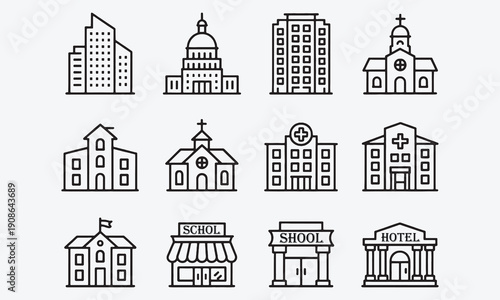 Building icon Containing structure, landmark, condo, government, school, church, hotel, shop, hospital, public buildings and more