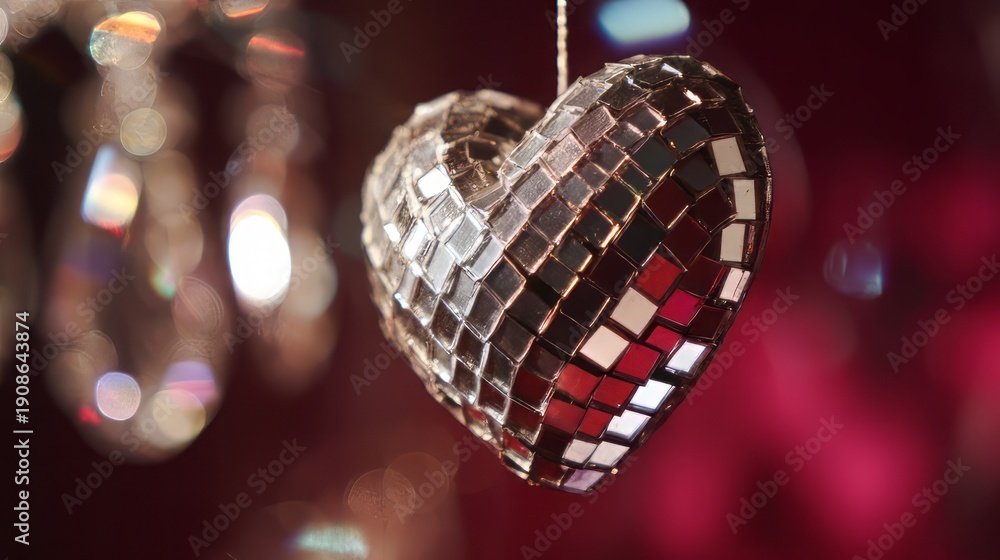 Fototapeta premium Sparkling disco ball heart ornament hangs against a deep magenta background with dazzling crystalline bokeh lights creating a festive and romantic atmosphere