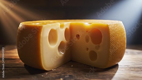 A delicious gourmet cheese wheel with a slice cut, on a rustic wooden table.