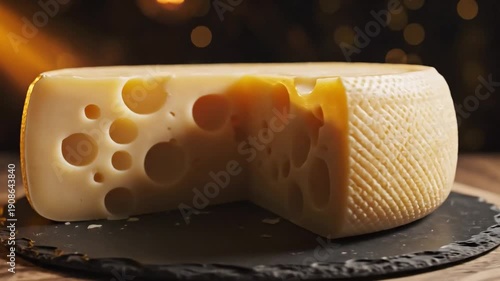 Close-up of a large gourmet cheese wheel, partly sliced, on a rustic board.