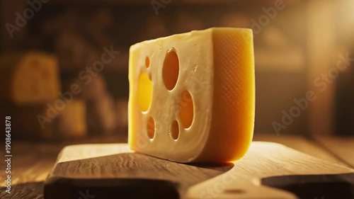 A delicious block of swiss cheese with holes on a rustic wooden board.