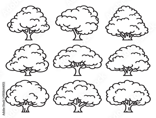 Bushy trees collection 2D vector line art in a lovely natural design