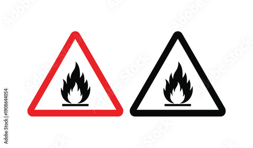 Warning signs with flame icons in red and black triangles