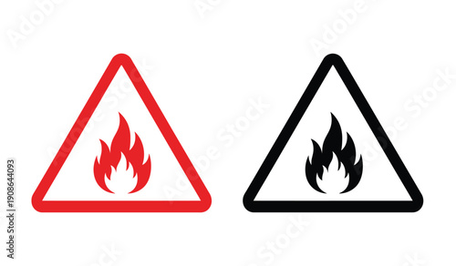 Warning signs with flame icons in red and black colors for fire hazard or danger alert