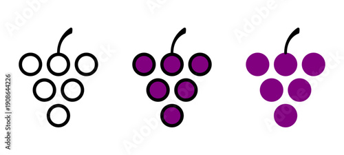 Basic Grape Vine Sweet Wine Fruit Icon Set with Outline Contour and Flat Solid Styles. Vector Image.