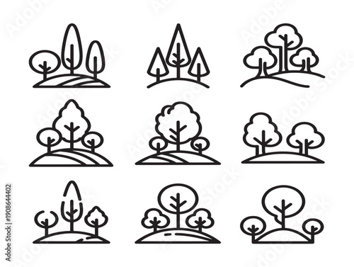 Hilltop trees set 2D vector line art for a gorgeous horizon illustration