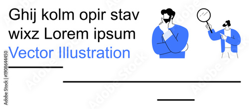 Brainstorming, analysis, problem-solving, business concepts, creativity, decision-making. Abstract illustration of two men, one thinking one analyzing with a magnifying glass. Brainstorming