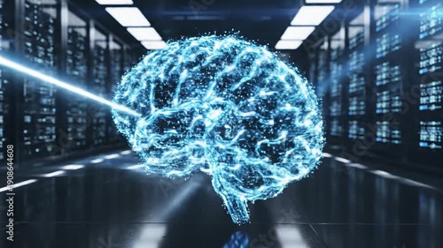 Artificial intelligence concept with a futuristic brain in a high-tech data center.