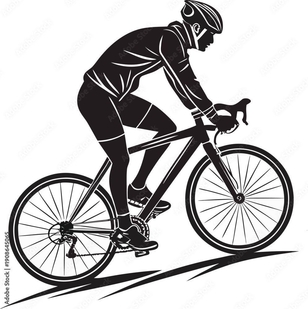 Obraz premium Detailed black silhouette of a male cyclist wearing a helmet and riding a road bike in a fast racing pose, flat vector art