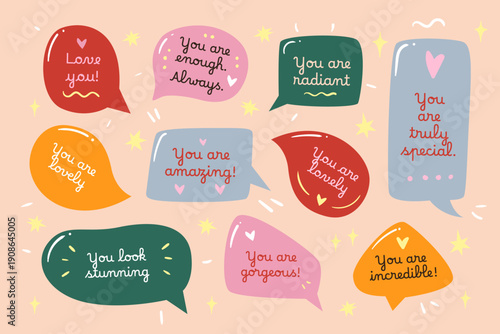 Set of colorful speech bubbles with kind messages. Perfect for stickers, cards, planners or positive social media designs.