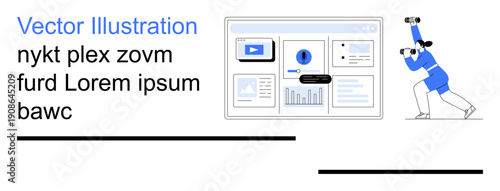 Data visualization, technology trends, virtual environments, business analytics, user-centric design, digital interaction. A dashboard with charts, and a person with a VR headset. Data visualization