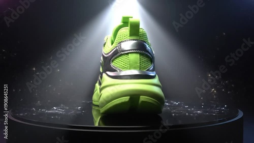 A vibrant neon green and silver chunky fashion sneaker illuminated by spotlights.