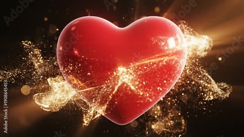 Glossy red heart, golden glittering trails. Dark background with soft bokeh lights.