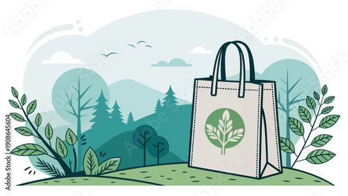 Eco-friendly reusable shopping bag with green leaf emblem, set against a serene natural landscape with trees and sky, promoting sustainability