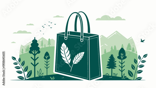 Dark green reusable shopping bag adorned with large leaf patterns, symbolizing nature and sustainability amidst a stylized green mountain landscape