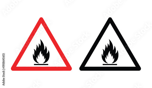 Warning signs of fire and flammable materials in triangle shape icons