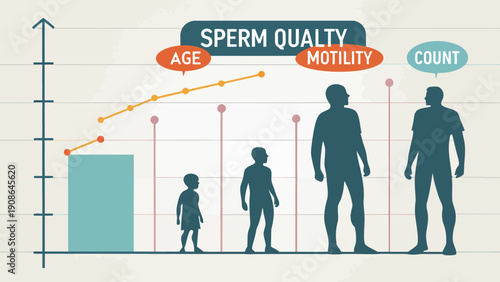 Visual representation of sperm quality and count decreasing with age, showing silhouettes of men from childhood to adulthood, data visualization