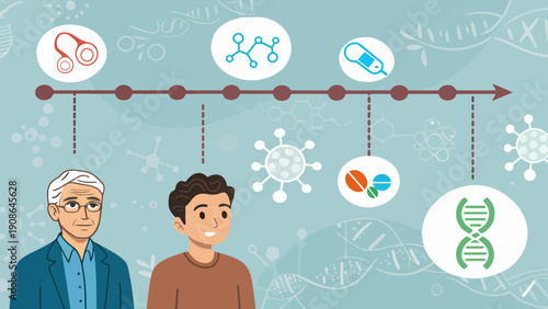 Timeline of male reproductive health, showing milestones from youth to old age with icons for fertility, health, and medical treatments, infographic