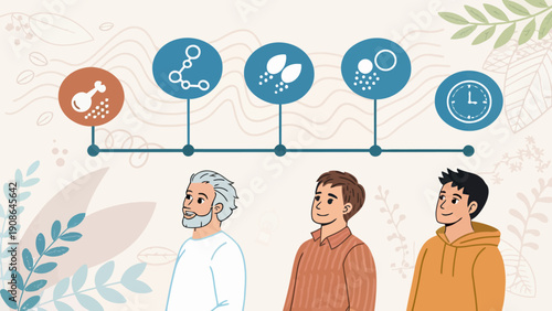 Conceptual illustration of male aging and fertility, showing a progression from youth to adulthood with icons representing diet, genetics, and time, infographic style