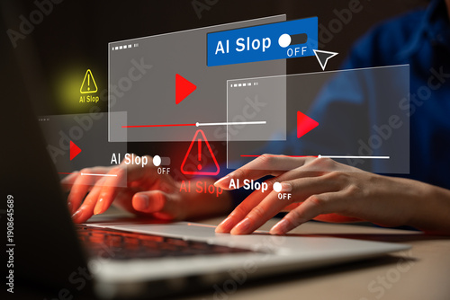 Concept of rejecting AI slop. female hands typing on laptop with warning overlays, symbolizing resistance to low-quality AI-generated digital media. ai, slop, artificial, intelligence, warning.