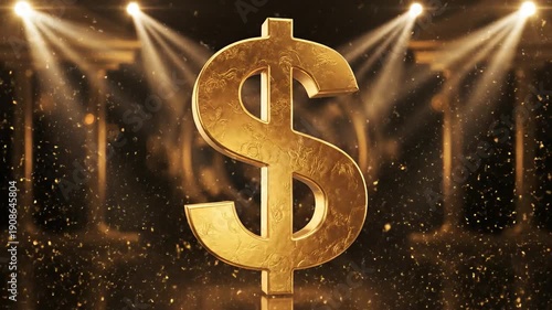 Golden dollar sign, richly textured, illuminated by spotlights, symbolizing wealth and success.