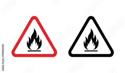 Warning signs of fire and flame in triangle shapes with red and black outlines