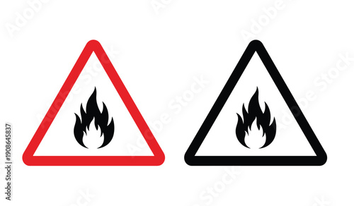 Warning signs of fire or flame icons in triangle shapes with red and black outlines