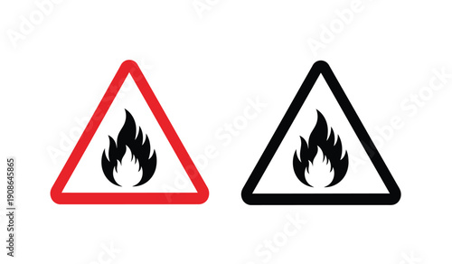 Warning signs with flame icons in red and black triangles
