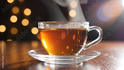 Close-up of hot steaming tea in a clear glass cup on a wooden table, with warm bokeh background lights.