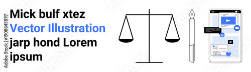 Legal advice, justice systems, online applications, digital tools, document management, communication platforms. Scales, pen and smartphone interface visuals. Legal advice and justice systems