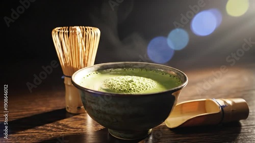Hot matcha green tea in a ceramic bowl with a bamboo whisk and scoop, steaming.