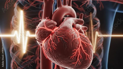 Vibrant 3D human heart, detailed arteries, and a luminous ECG heartbeat wave.