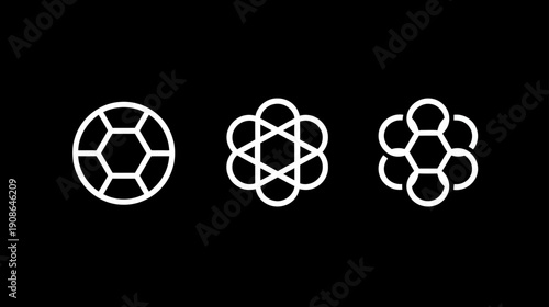 Modern geometric hexagonal vector icons. Abstract line art collection illustrating molecular structures, scientific networks, and cellular patterns.