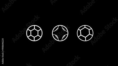 Set of minimalist outline sports ball icons. Simple vector graphic symbols for football, soccer, and basketball on a black background.