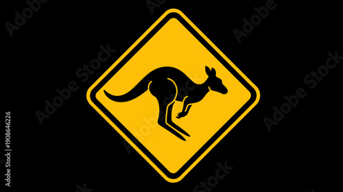 Kangaroo crossing warning sign on black background. Australian road hazard symbol for marsupial wildlife.