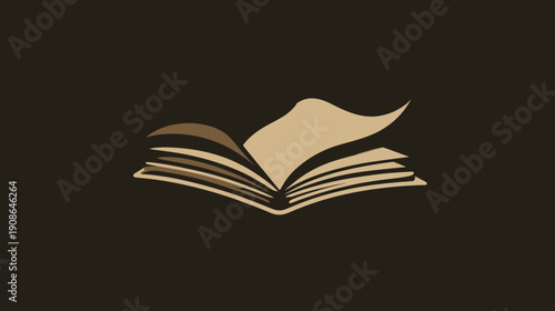Stylized open book graphic with turning pages on dark background, symbolizing knowledge, education, learning, and literature.