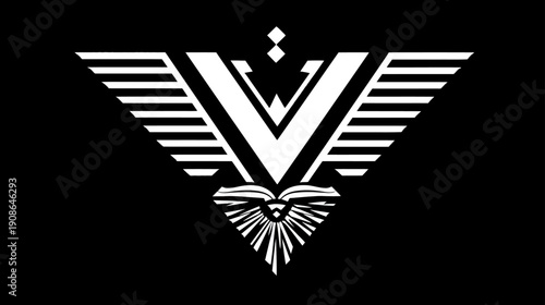 Stylized V shape emblem with geometric wings and open book symbol on a black background. Concept for knowledge, success, and achievement.