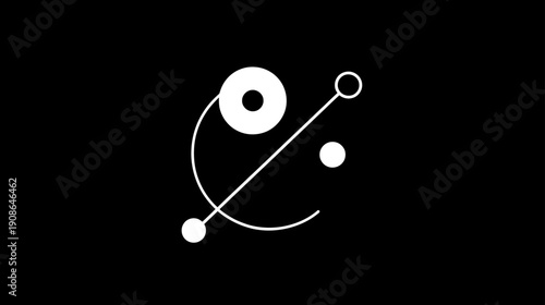 Modern minimalist abstract geometric design with interconnected circles and lines on a black background, representing technology and connection.