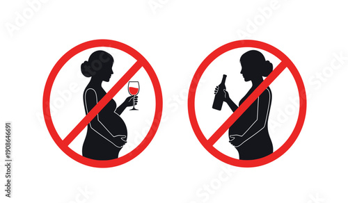 No drinking and smoking signs for pregnant woman in red circle prohibition symbol